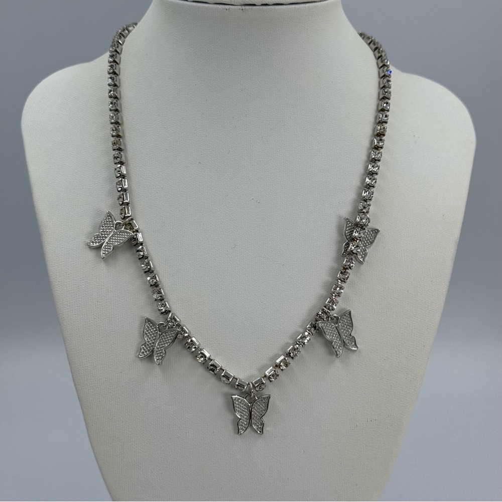 Rhinestone and Butterfly Necklace Silver Tone Adjustable Choker Sparkle